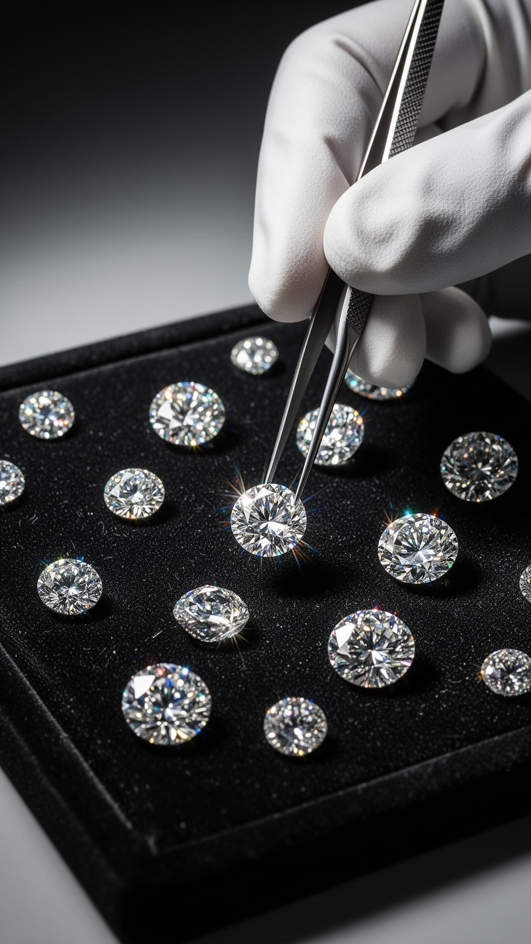 Gloved hand selecting a diamond with tweezers