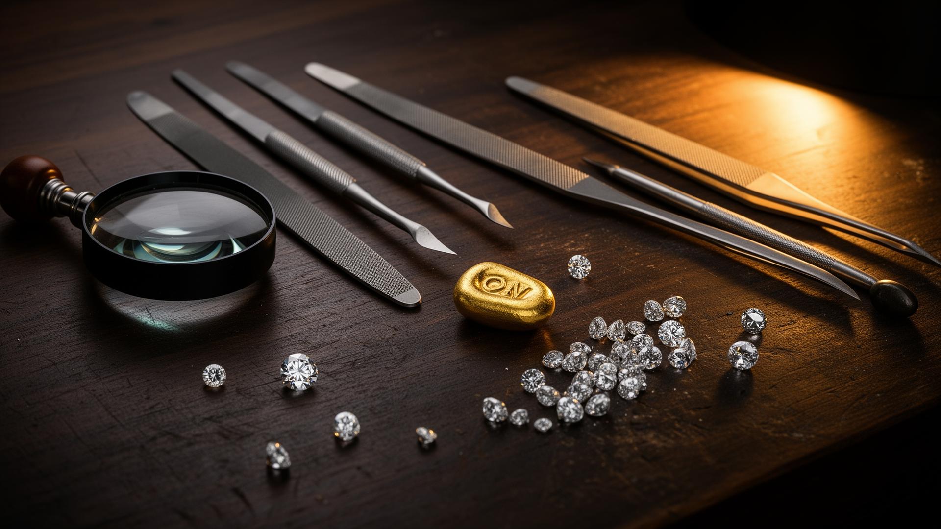 Flat-lay of jeweler's tools on a dark workbench